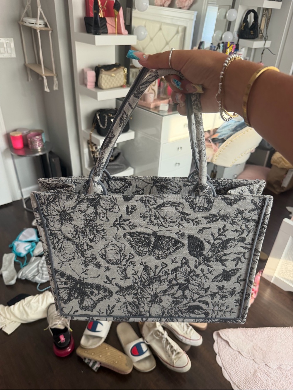 Floral Butterfly Tote Bag in Gray and Black